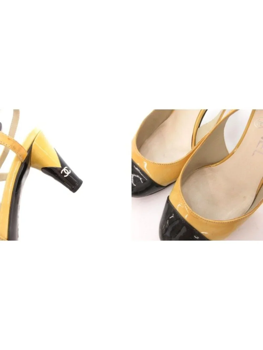 Chanel Sling Back Pumps Mules CC Logo Bicolor 36.5 Yellow Black Heel